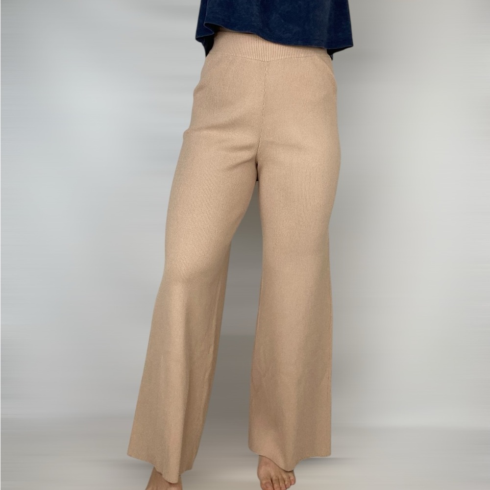 AQUA Wide Leg High Waisted Ribbed Stretch Tan Minimal Casual